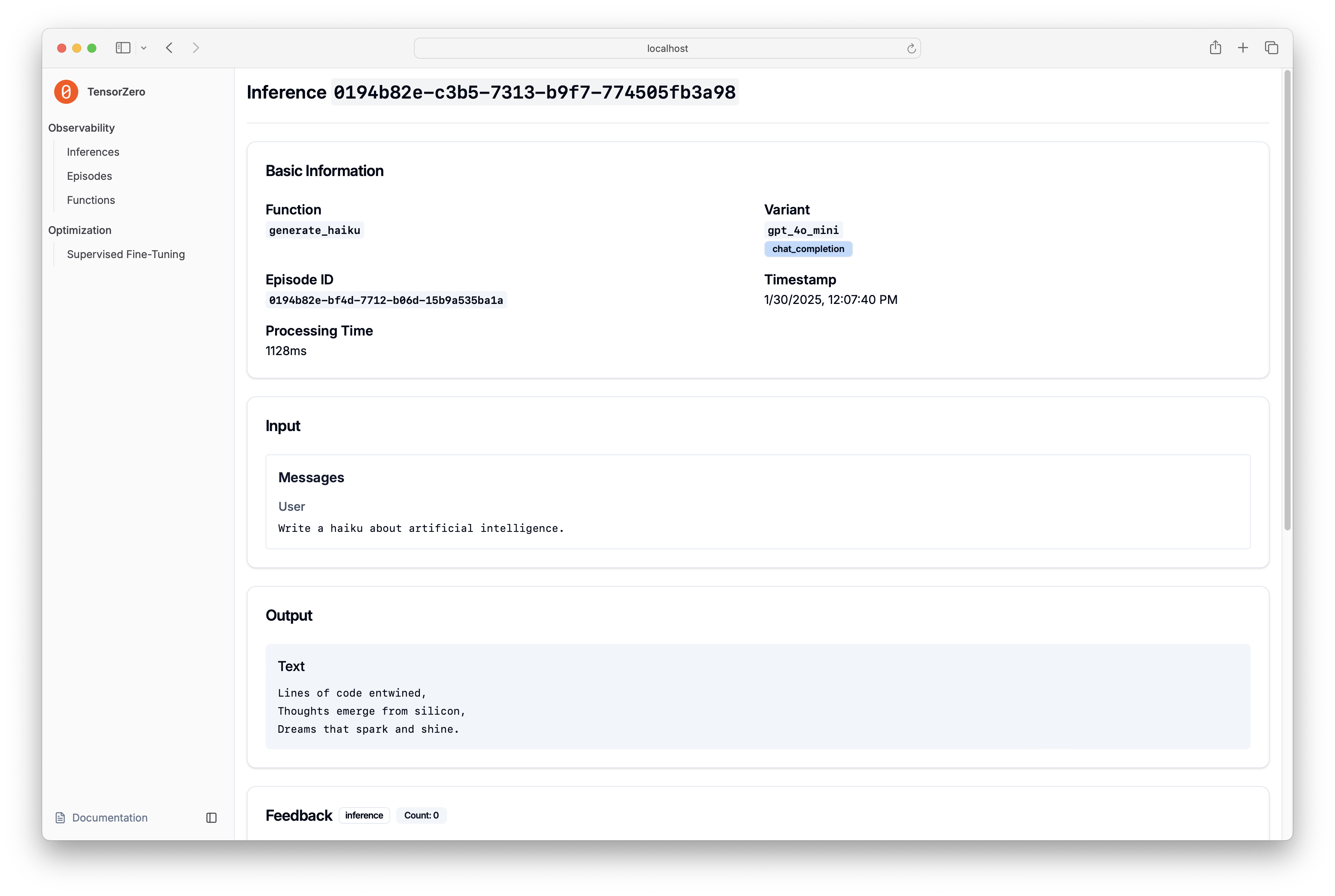 TensorZero UI Observability - Inference Detail Page - Screenshot