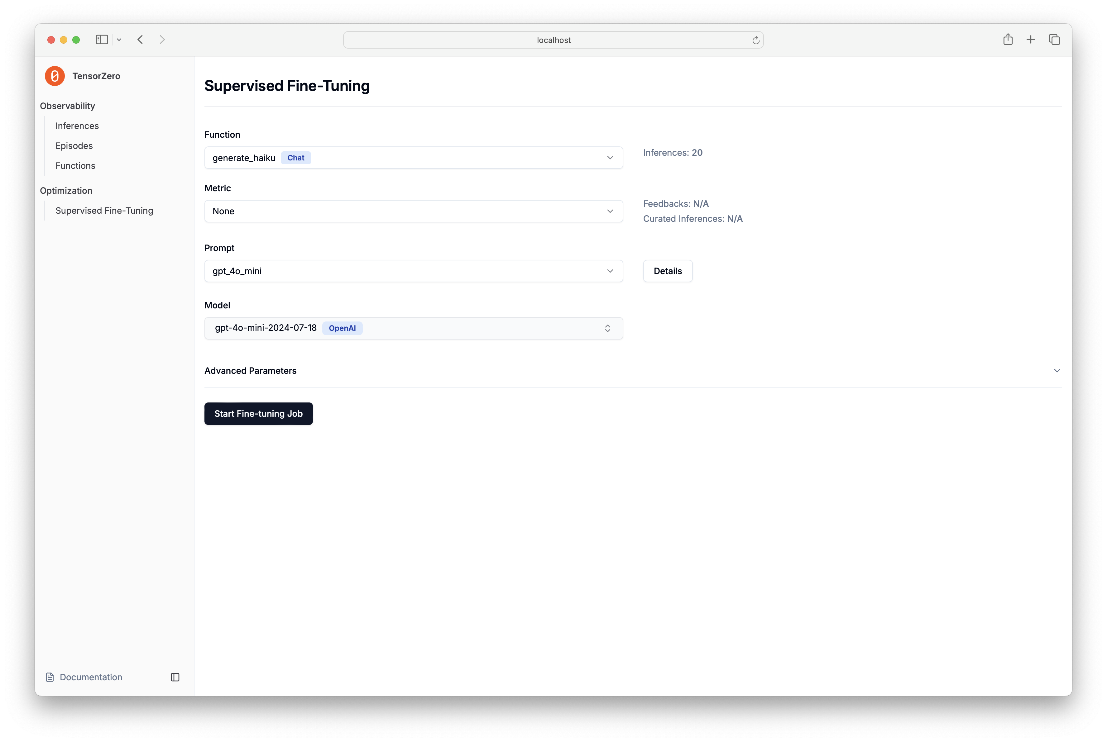 TensorZero UI Fine-Tuning Screenshot